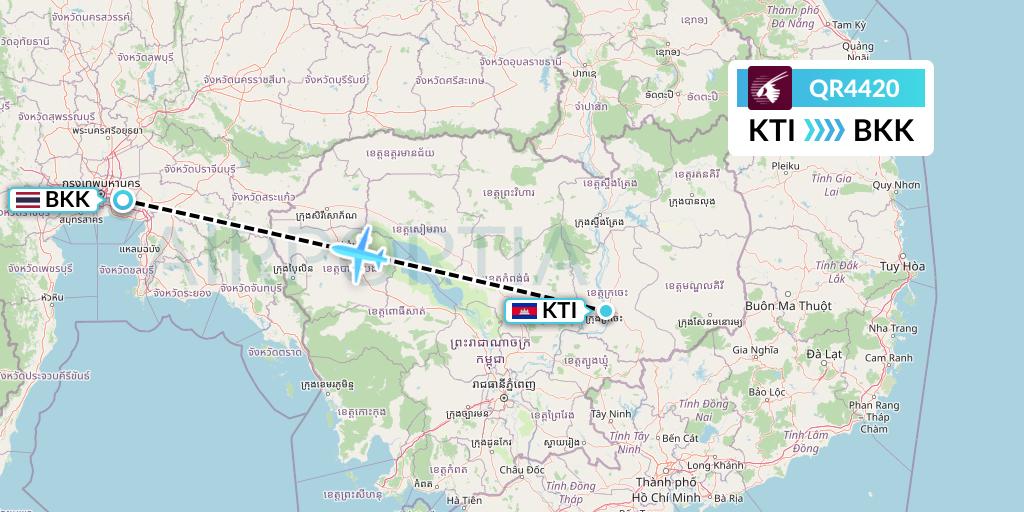 QR4420 Qatar Airways Flight Map: Kratie to Bangkok