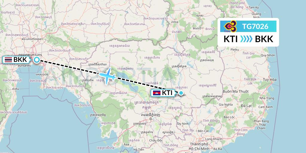 TG7026 Thai Airways Flight Map: Kratie to Bangkok