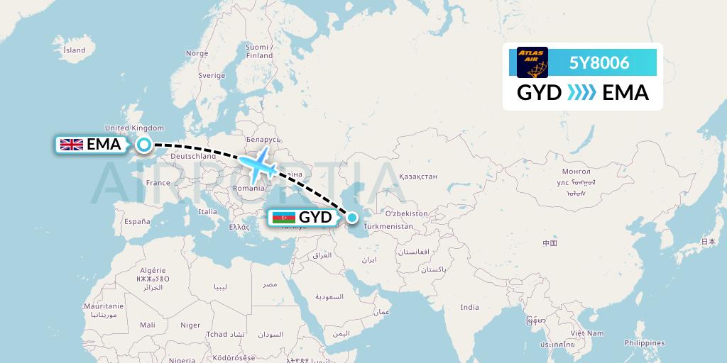 5Y8006 Atlas Air Flight Map: Baku to East Midlands
