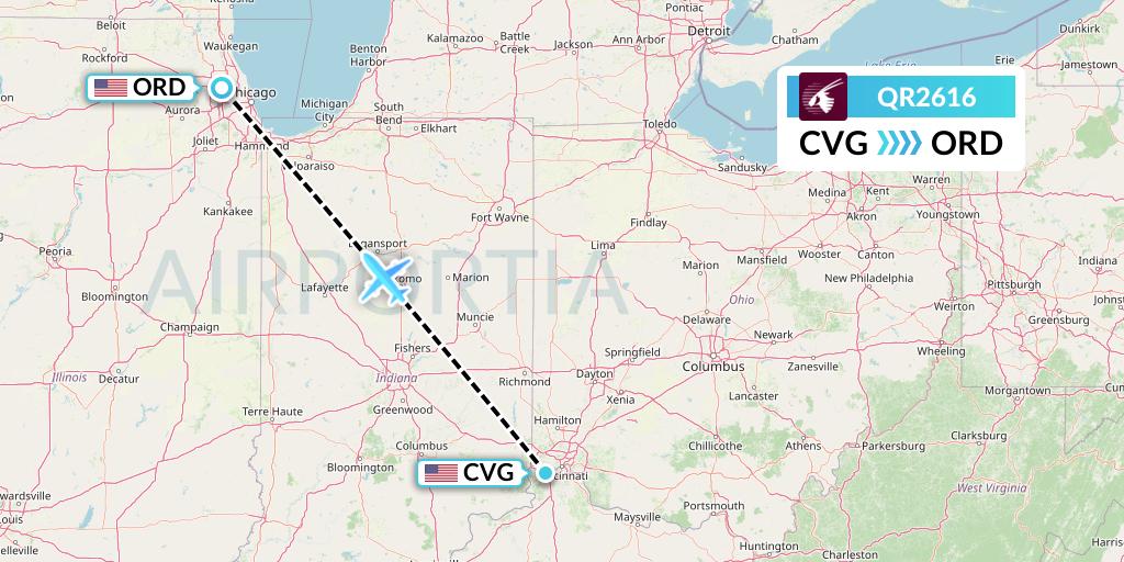 QR2616 Qatar Airways Flight Map: Cincinnati to Chicago