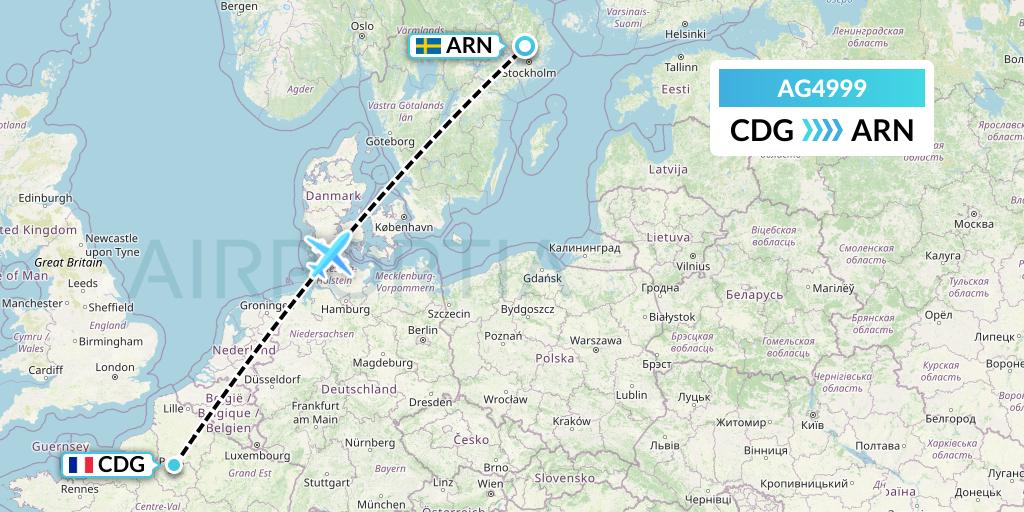AG4999 Aruba Airlines Flight Map: Paris to Stockholm