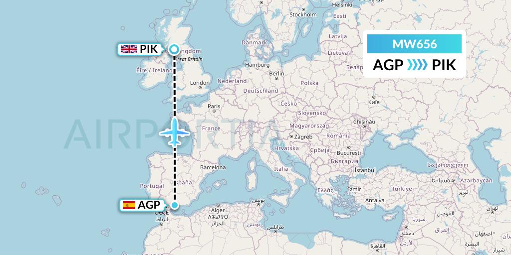 MW656 Mokulele Flight Service Flight Map: Malaga to Prestwick