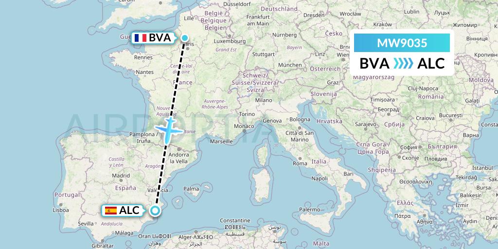 MW9035 Mokulele Flight Service Flight Map: Paris to Alicante