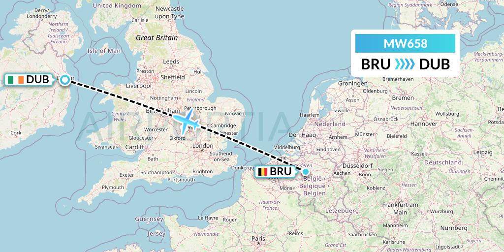 MW658 Mokulele Flight Service Flight Map: Brussels to Dublin