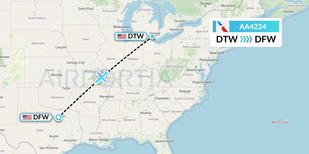 AA4224 American Airlines Flight Map: Detroit to Dallas