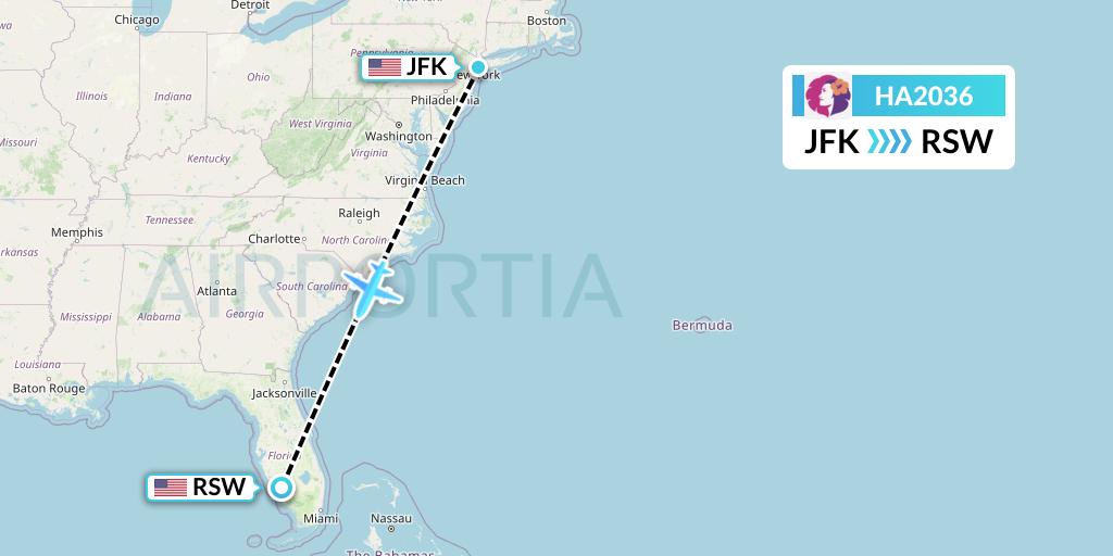 HA2036 Hawaiian Airlines Flight Map: New York to Fort Myers