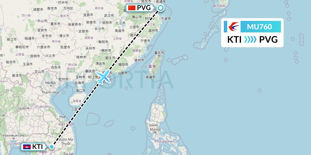 MU760 China Eastern Airlines Flight Map: Kratie to Shanghai