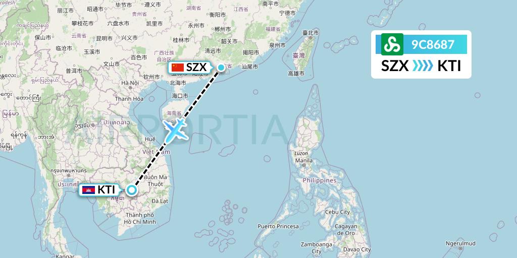 9C8687 Spring Airlines Flight Map: Shenzhen to Kratie