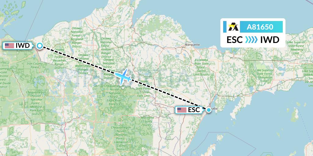 A81650 Aerolink Uganda Flight Map: Escanaba to Ironwood