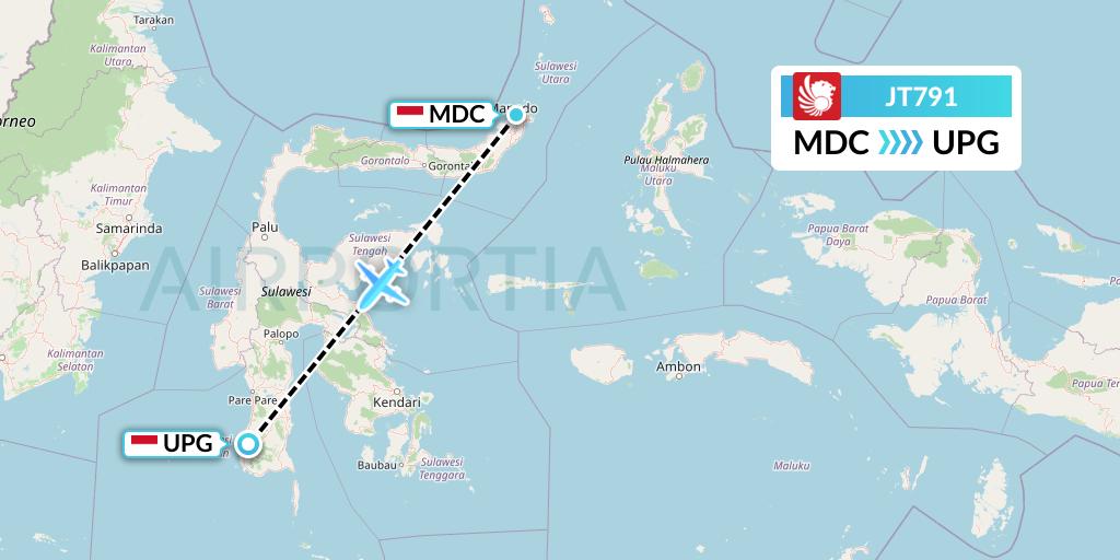 JT791 Lion Airlines Flight Map: Manado to Makassar