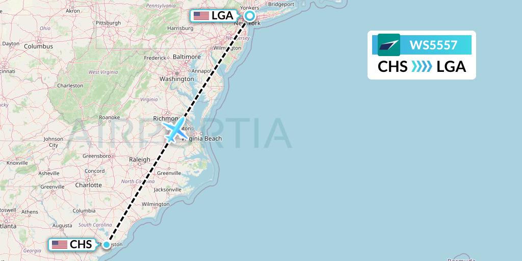 WS5557 WestJet Flight Map: Charleston to New York