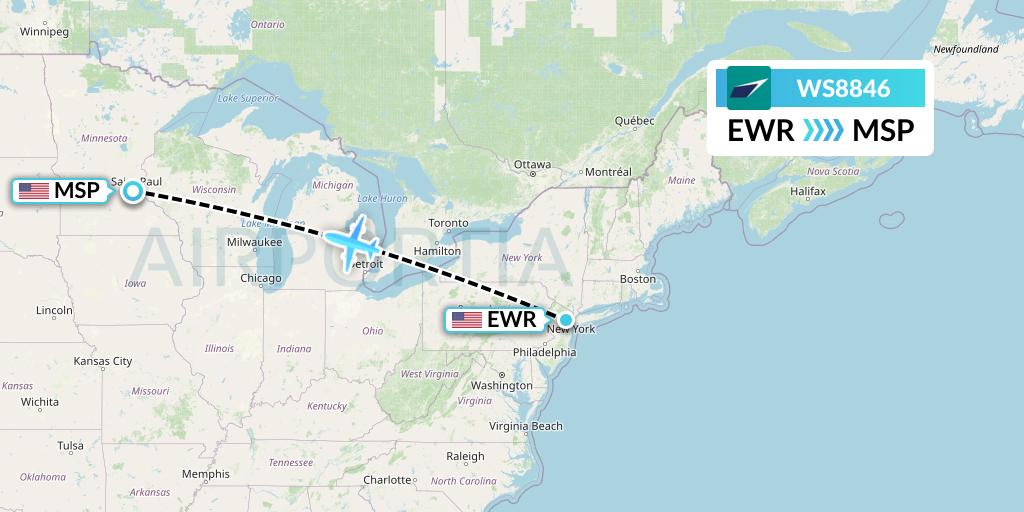 WS8846 WestJet Flight Map: New York to Minneapolis