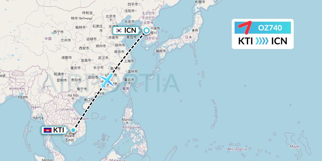 OZ740 Asiana Airlines Flight Map: Kratie to Seoul