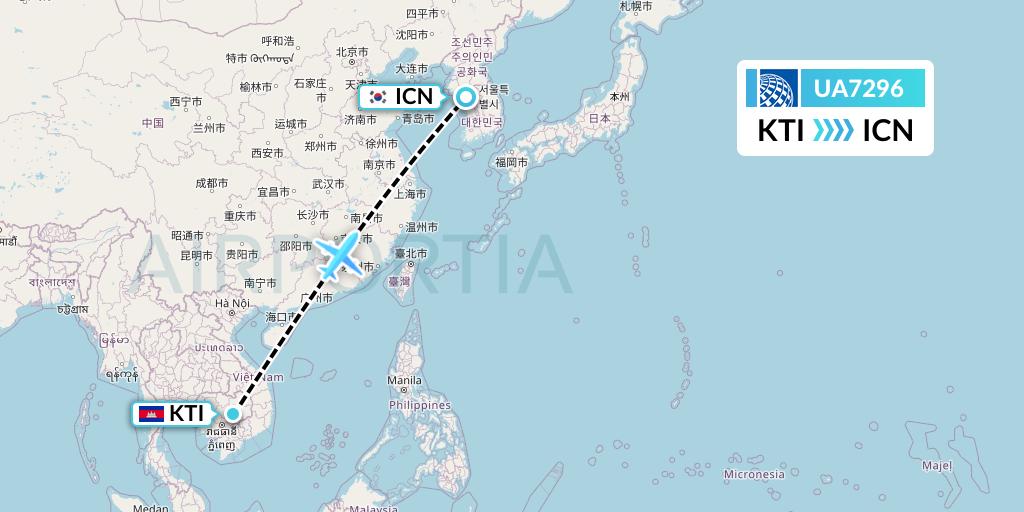 UA7296 United Airlines Flight Map: Kratie to Seoul