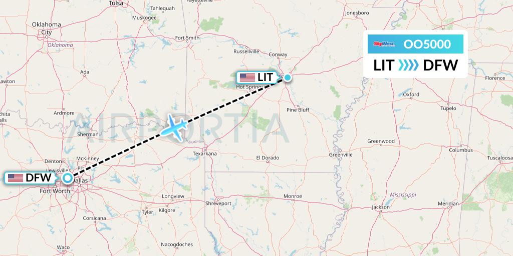 OO5000 SkyWest Airlines Flight Map: Little Rock to Dallas