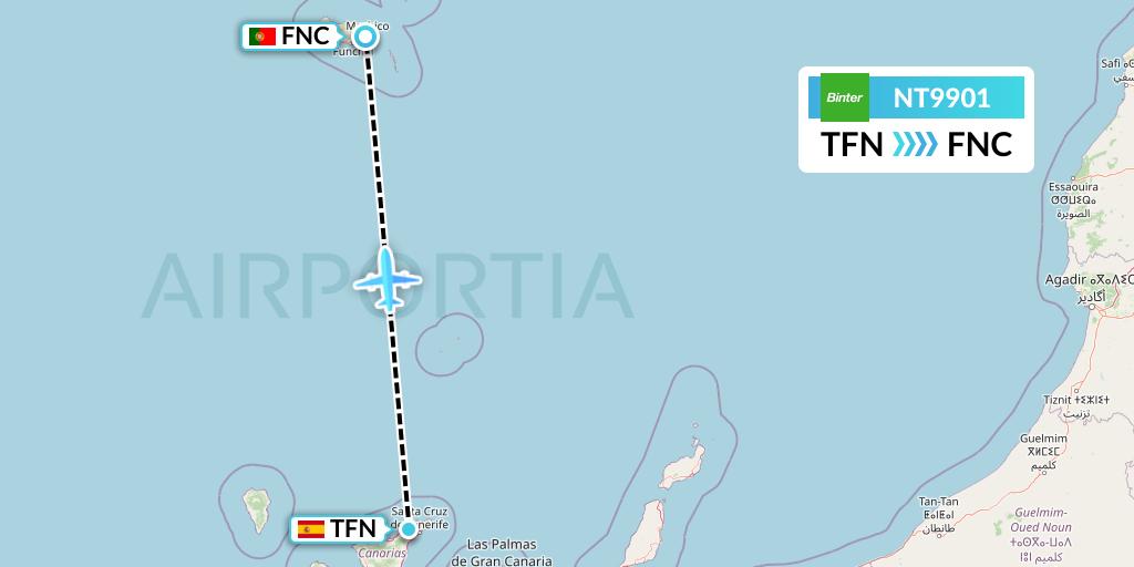 NT9901 Binter Canarias Flight Map: Tenerife to Funchal