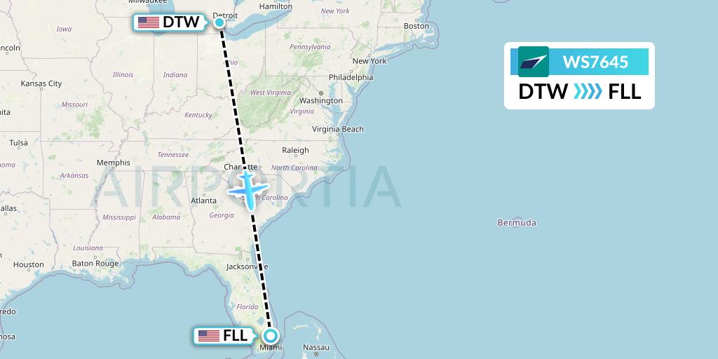 WS7645 WestJet Flight Map: Detroit to Fort Lauderdale