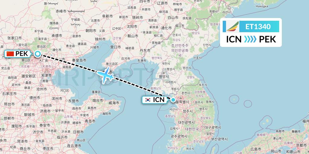 ET1340 Ethiopian Airlines Flight Map: Seoul to Beijing