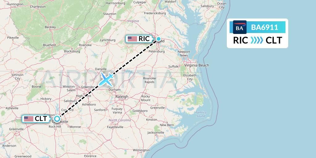 BA6911 British Airways Flight Map: Richmond to Charlotte