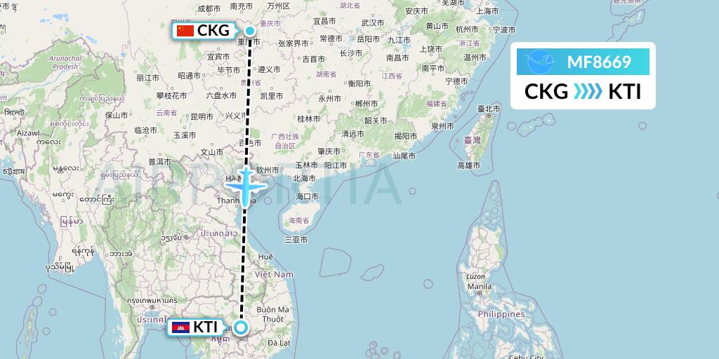 MF8669 Xiamen Airlines Flight Map: Chongqing to Kratie