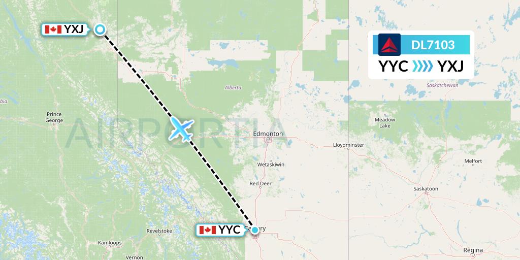 DL7103 Delta Air Lines Flight Map: Calgary to Fort St. John