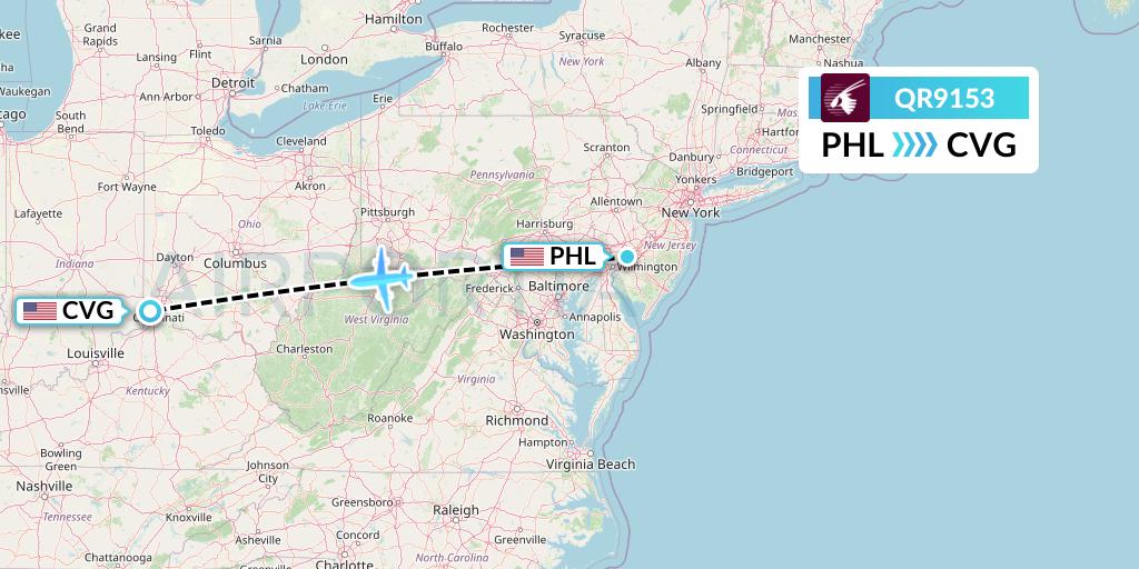 QR9153 Qatar Airways Flight Map: Philadelphia to Cincinnati