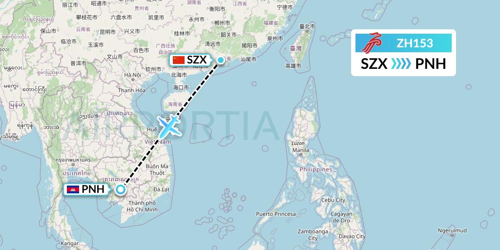 ZH153 Shenzhen Airlines Flight Map: Shenzhen to Phnom Penh