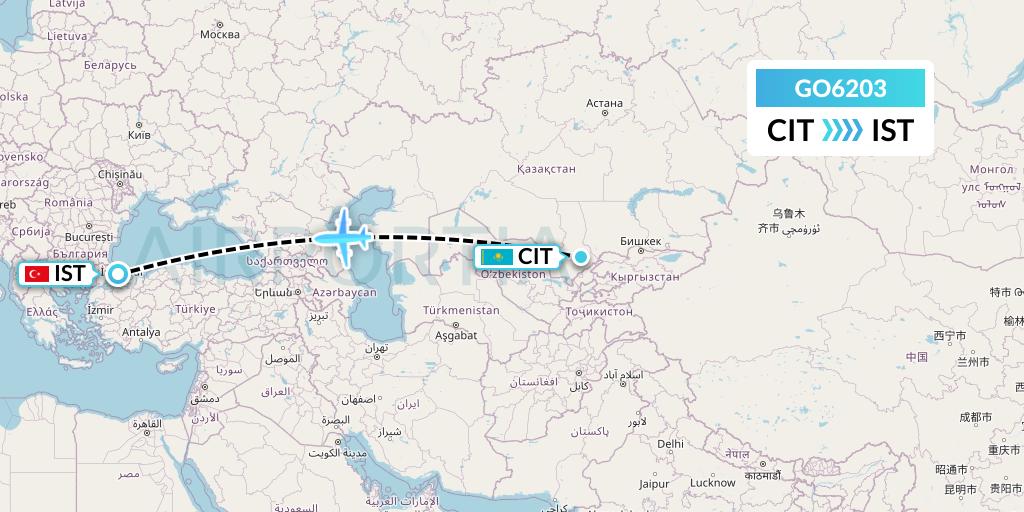 GO6203 ULS Airlines Cargo Flight Map: Shymkent to Istanbul