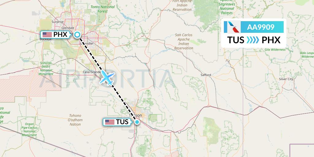 AA9909 American Airlines Flight Map: Tucson to Phoenix