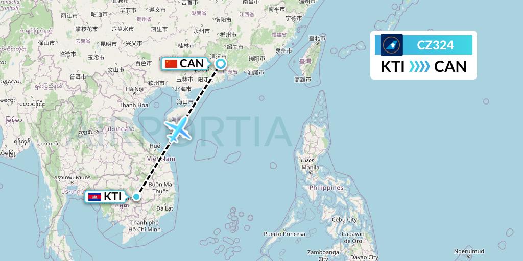 CZ324 China Southern Airlines Flight Map: Kratie to Guangzhou