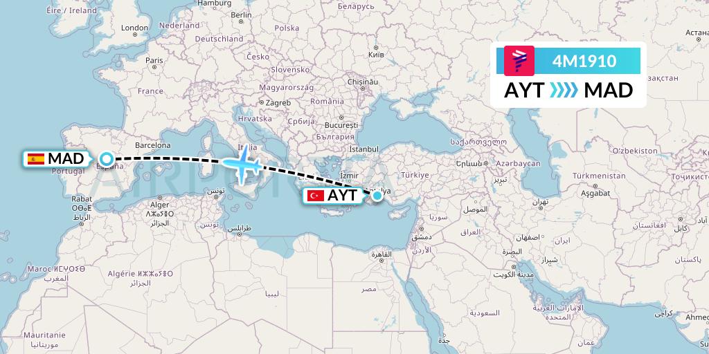 4M1910 LATAM Airlines Argentina Flight Map: Antalya to Madrid