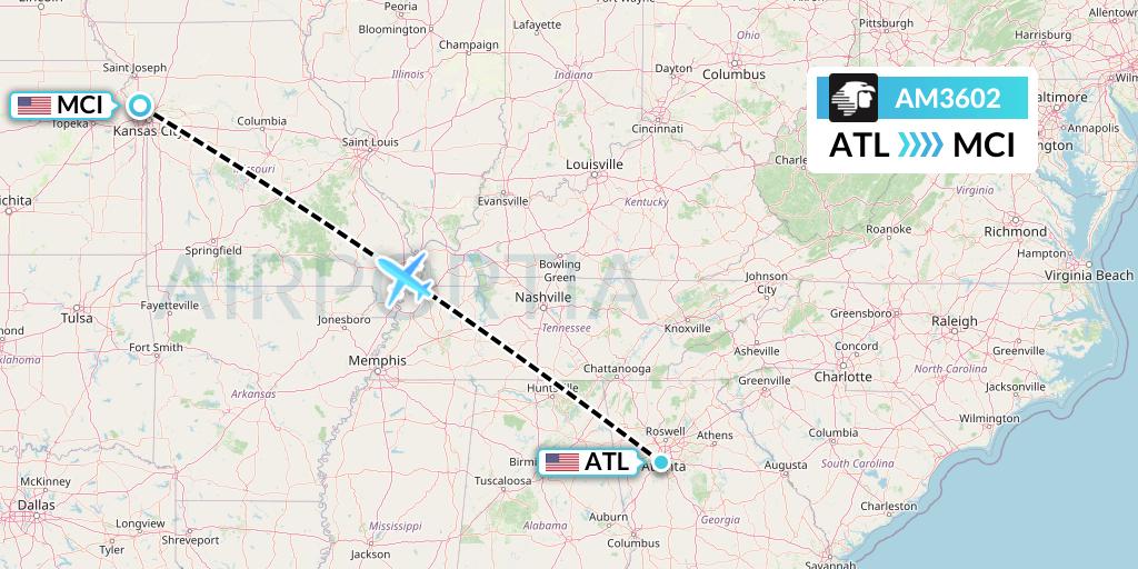 AM3602 Aeromexico Flight Map: Atlanta to Kansas City