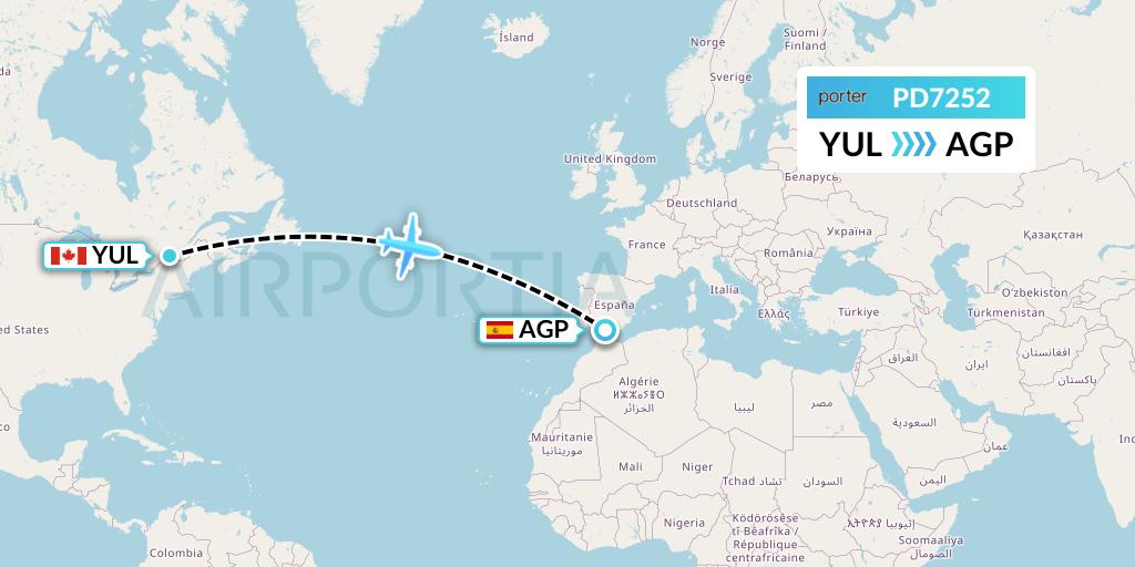 PD7252 Porter Airlines Flight Map: Montreal to Malaga