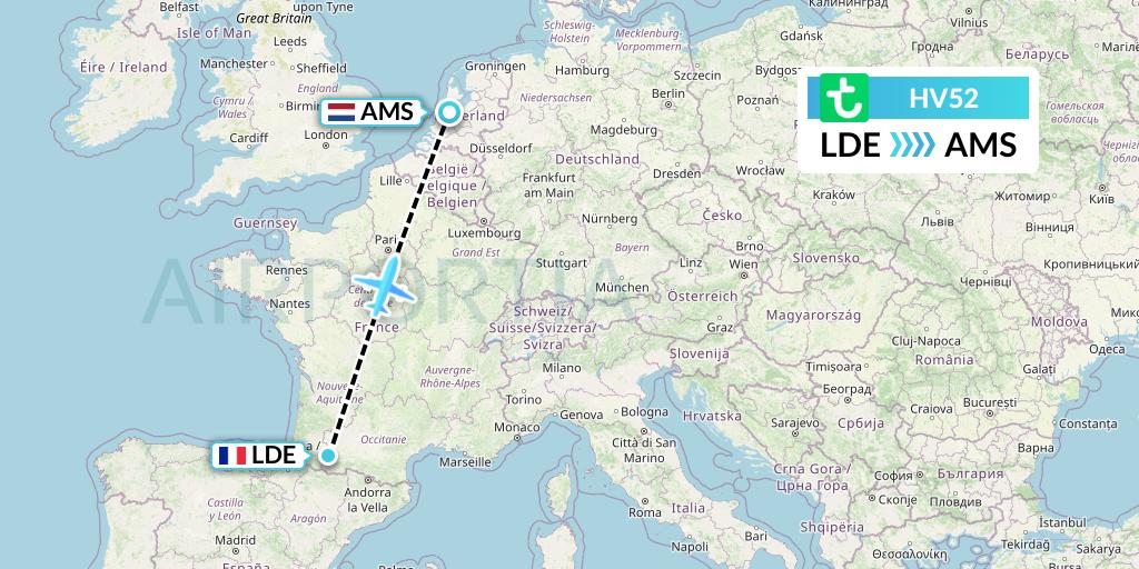 HV52 Transavia Flight Map: Tarbes to Amsterdam
