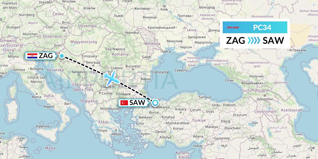 PC34 Pegasus Airlines Flight Map: Zagreb to Istanbul