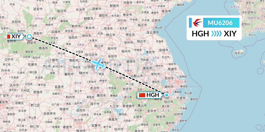MU6206 China Eastern Airlines Flight Map: Hangzhou to Xi'an