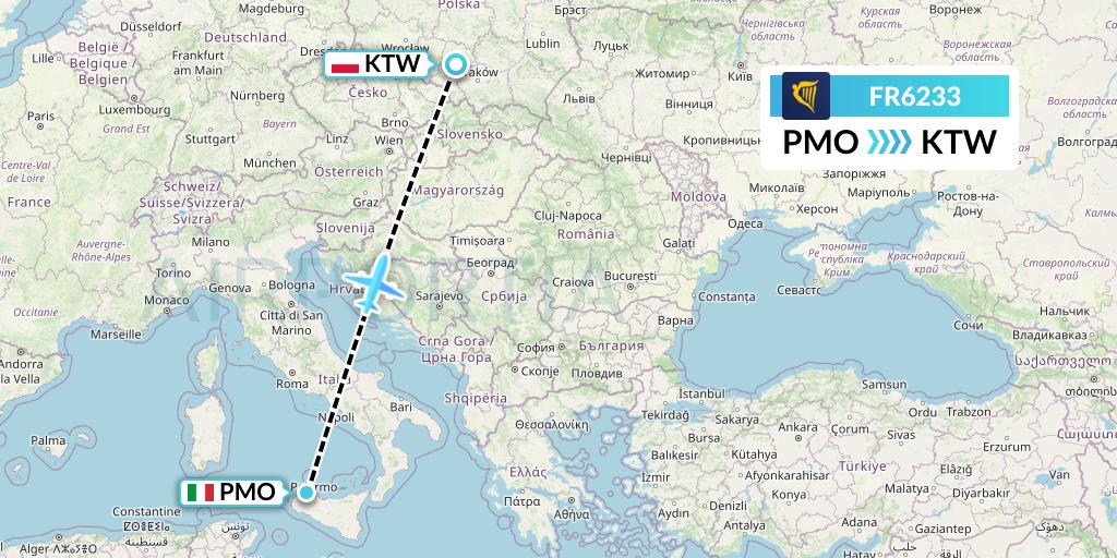 FR6233 Ryanair Flight Map: Palermo to Katowice