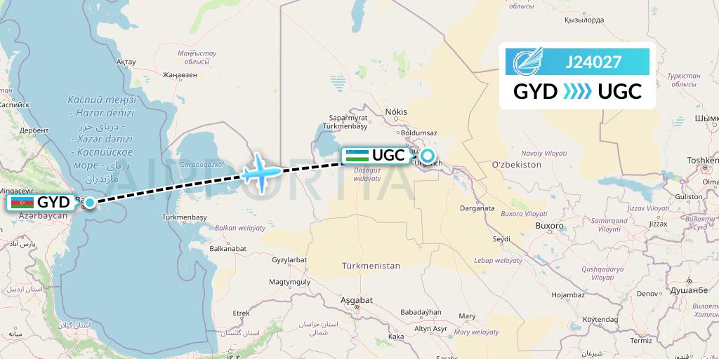 J24027 Azerbaijan Airlines Flight Map: Baku to Urgench