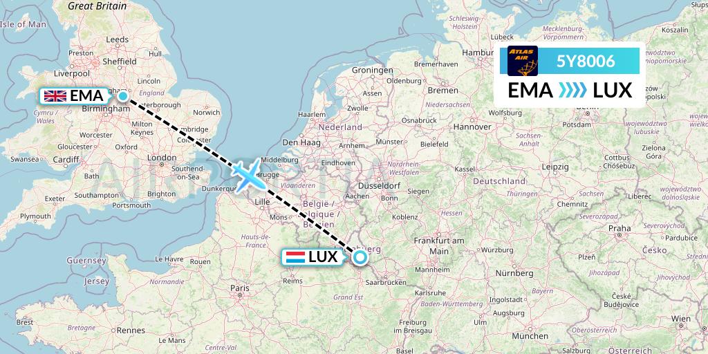 5Y8006 Atlas Air Flight Map: East Midlands to Luxembourg