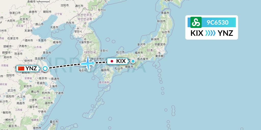 9C6530 Spring Airlines Flight Map: Osaka to Yancheng
