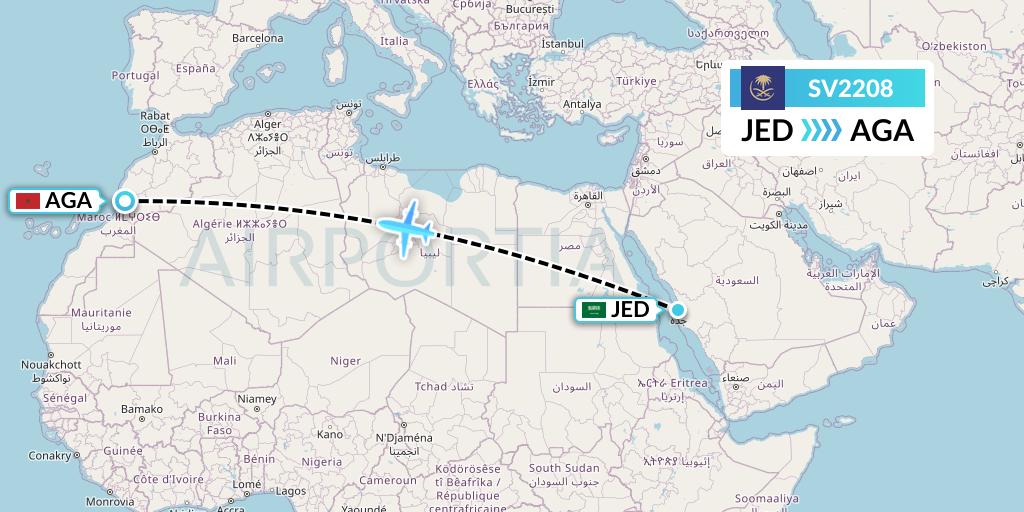 SV2208 Saudi Arabian Airlines Flight Map: Jeddah to Agadir