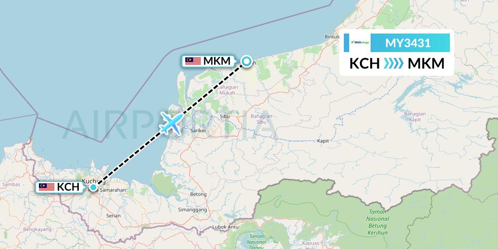MY3431 MASwings Flight Map: Kuching to Mukah