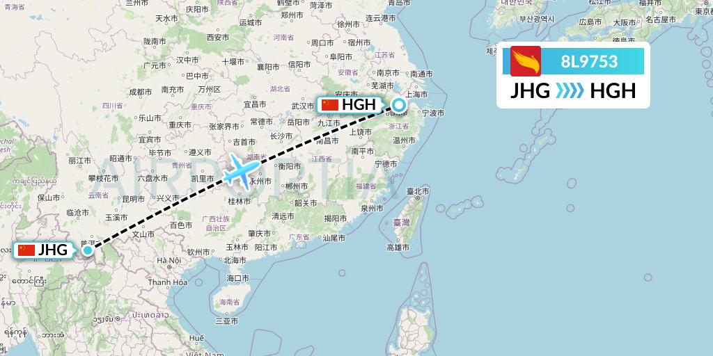 8L9753 Lucky Air Flight Map: Jinghong to Hangzhou