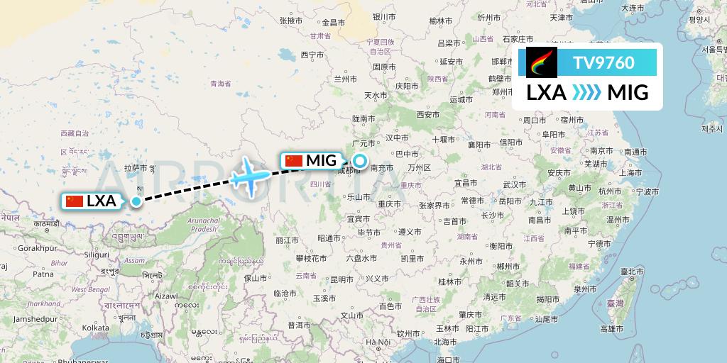 TV9760 Tibet Airlines Flight Map: Lhasa to Mianyang