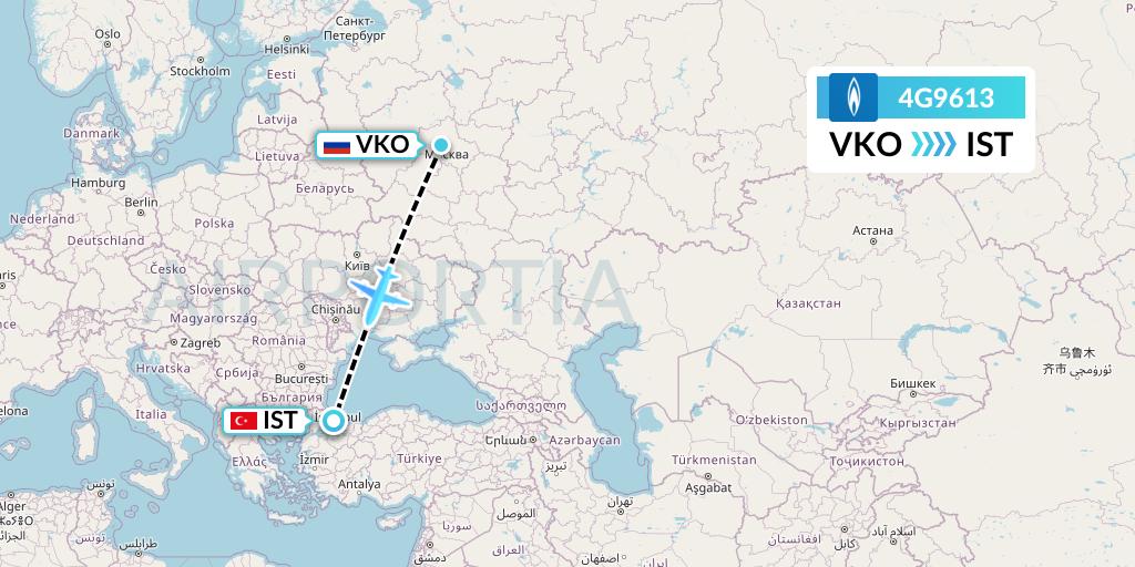 4G9613 Gazpromavia Flight Map: Moscow to Istanbul