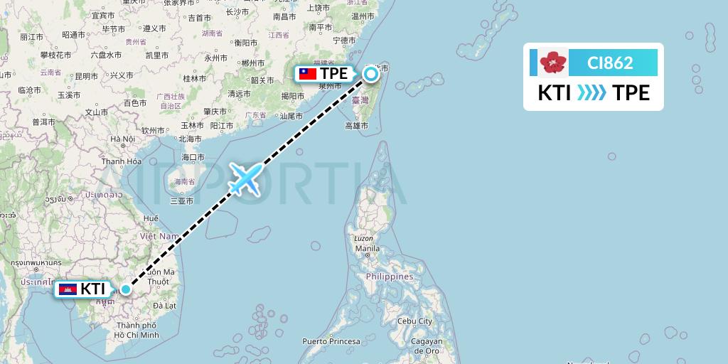 CI862 China Airlines Flight Map: Kratie to Taipei