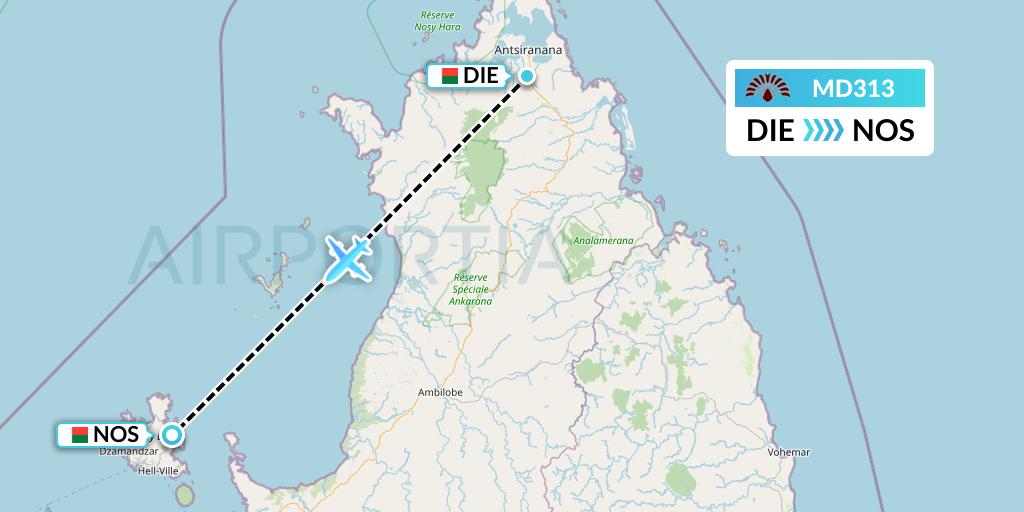 MD313 Air Madagascar Flight Map: Madagascar to Nosy Be