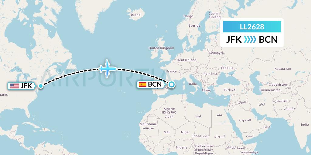 LL2628 Miami Air International Flight Map: New York to Barcelona