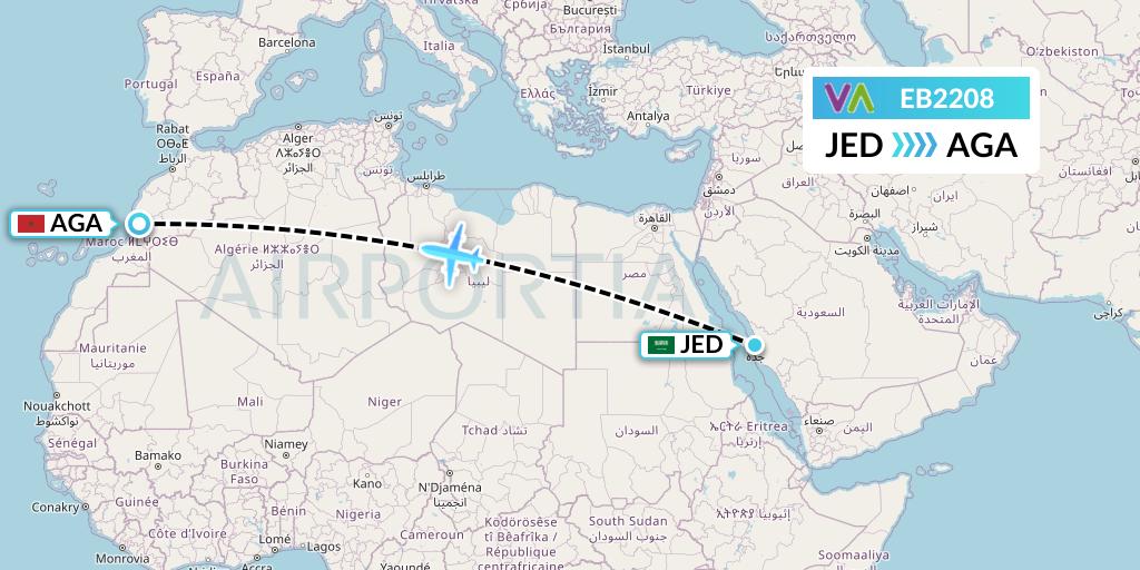 EB2208 Wamos Air Flight Map: Jeddah to Agadir
