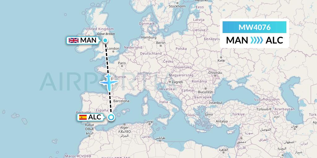 MW4076 Mokulele Flight Service Flight Map: Manchester to Alicante